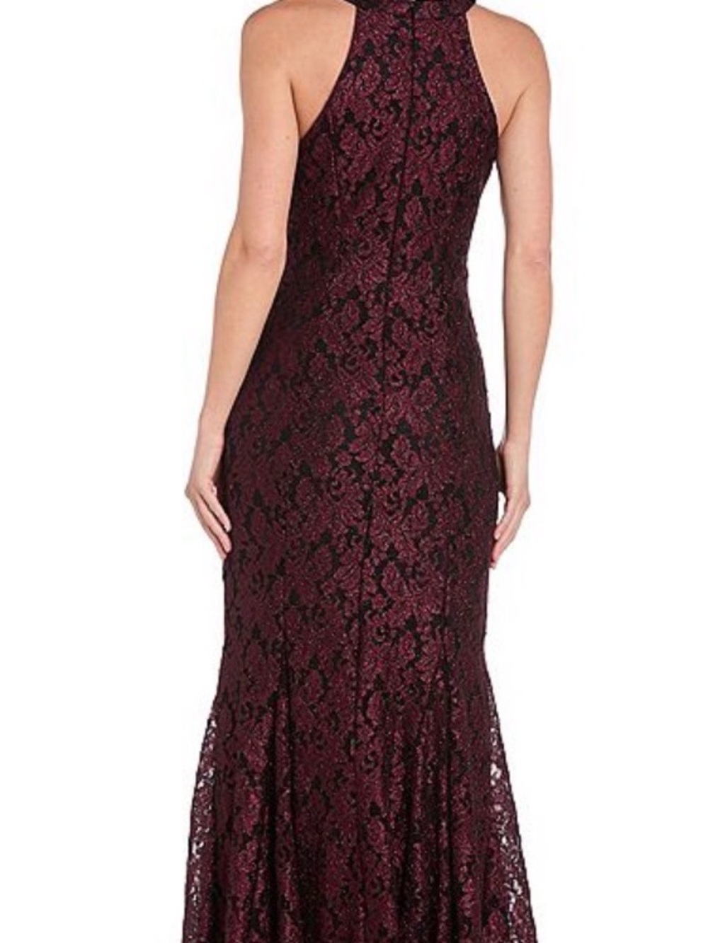R&M Richards Burgundy Lace Halter Maxi Gown - Picture 2 of 6